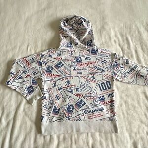 Champion Hoodie Mens S White Blue Red 100th Anniversary AOP Logo Hiphop Retro